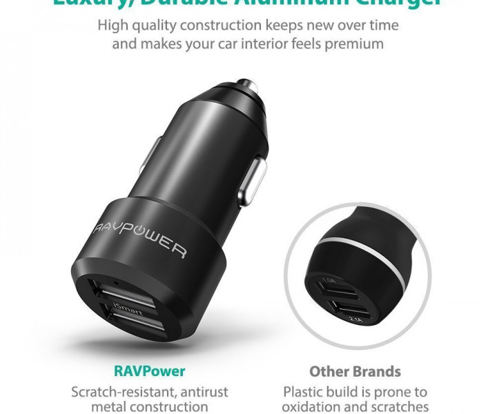Автомобильная зарядка RAVPower Metal Dual USB Car Charger 24W 4.8A with iSmart 2.0 Charging Tech